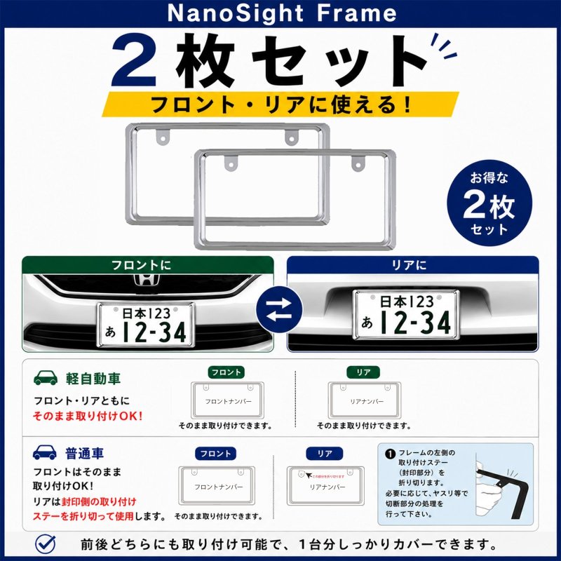 画像2: NanoSight ナンバーフレーム クローム 2枚 新法規対応 ナンバーが小さく見える ナンバープレート (2)